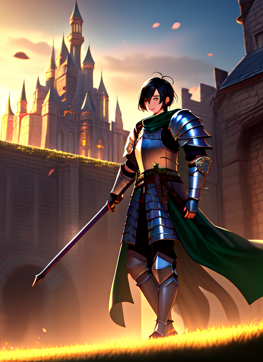 00513-2234236240-1boy, highres, knight, armor, standing, green hill, castle, black hair, wide shot, masterpiece, best quality, .png